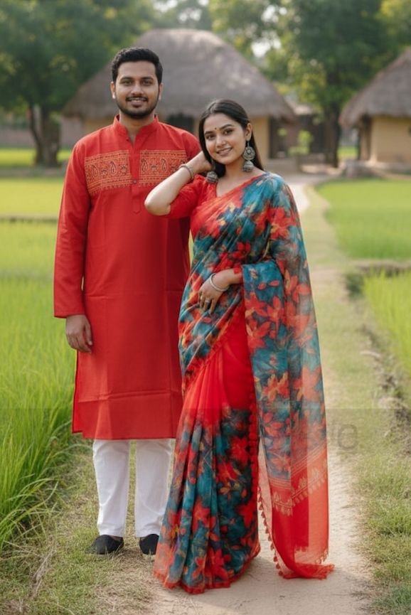 কাপল ড্রেস কালেকশন চান্দুরি সিল্ক শাড়ি ও ধুপিয়ান পাঞ্জাবি